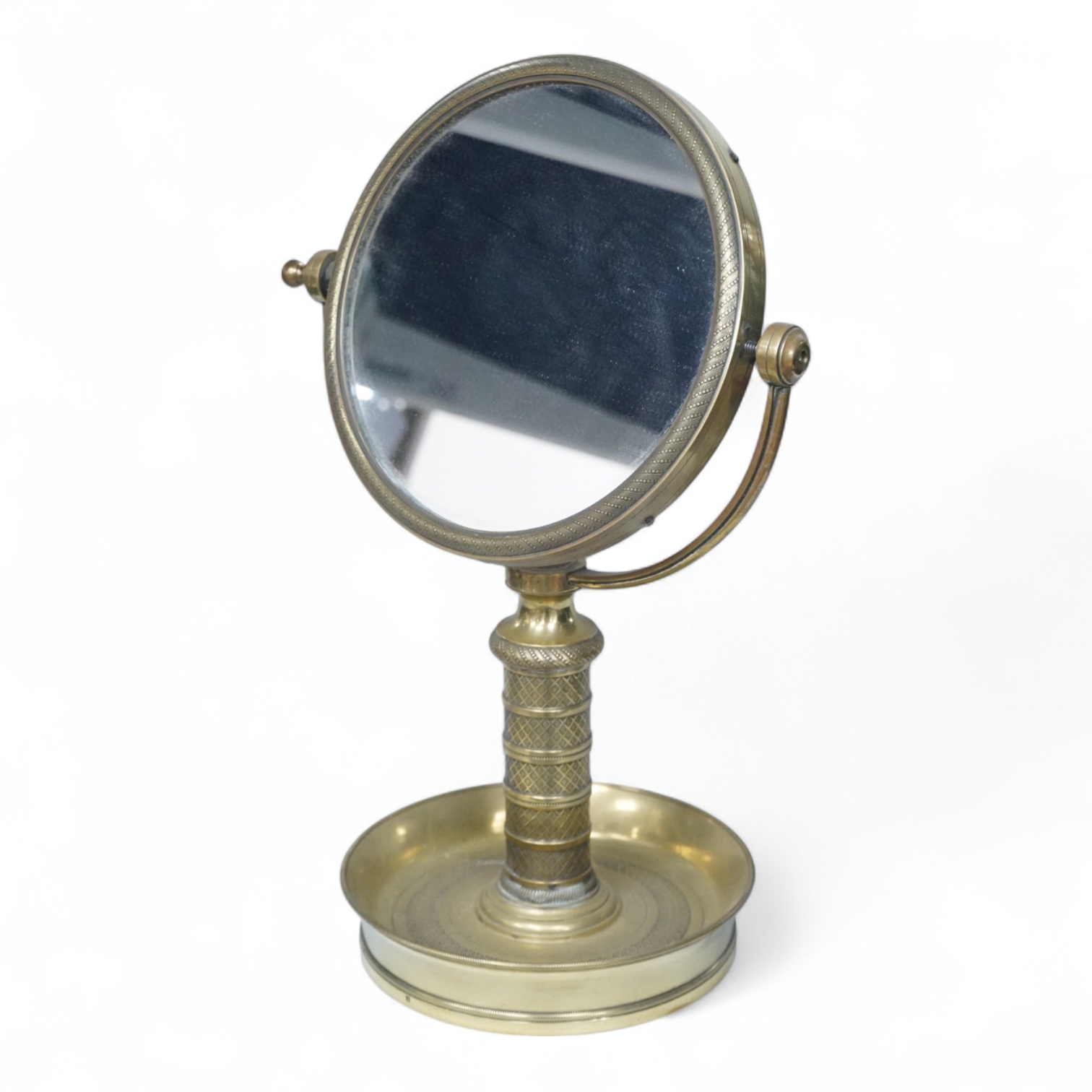 Engine turned brass shaving mirror, 35cm high